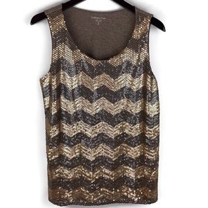 Coldwater Creek Brown & Gold Chevron Print Sequin Tank